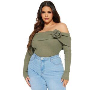 Women's Plus 3X NWT Fashion Nova Rosa Off Shoulder Top Olive Long Sleeve